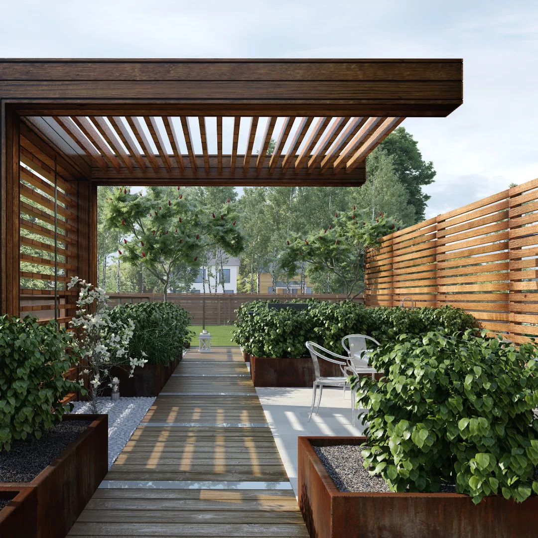 Overdækket terrasse i træ med åbne sider